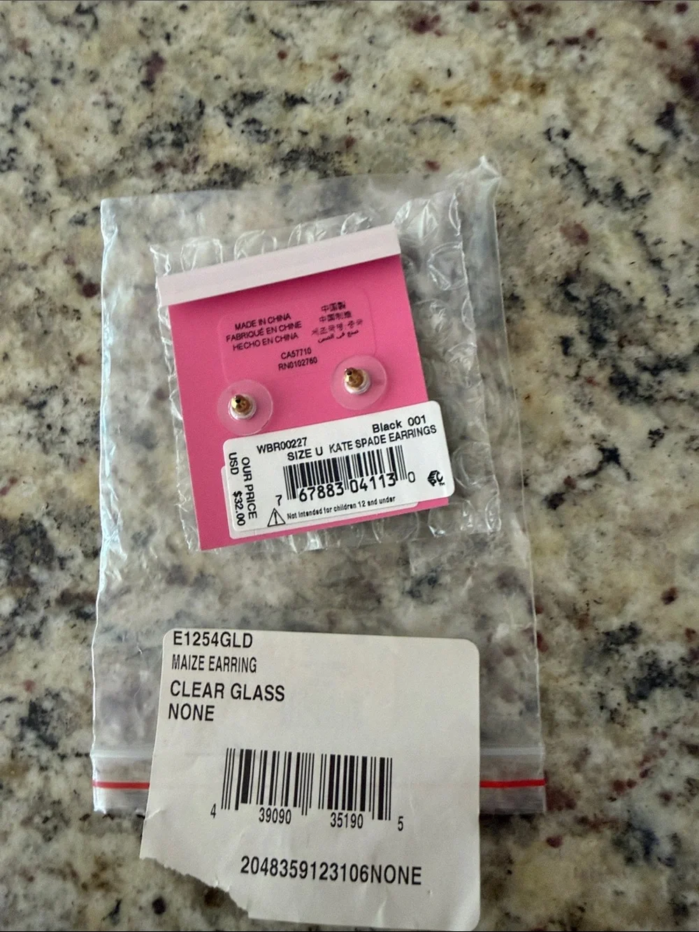 NWT kate spade Black and Gold Confetti Maize clear glass Square Stud Earrings